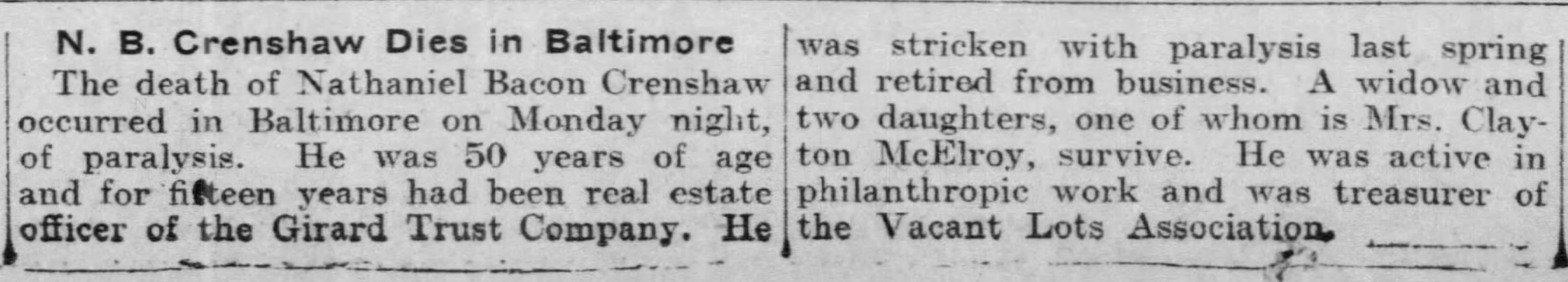 Nathaniel Crenshaw dies